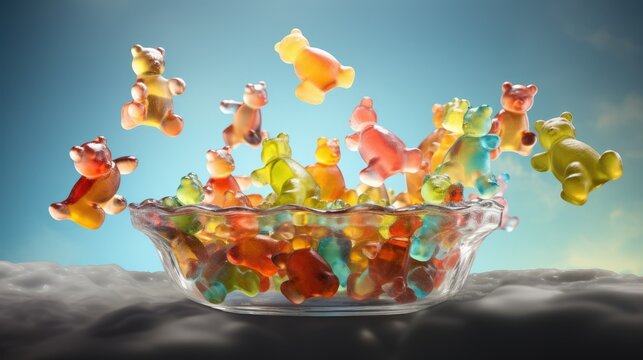  a glass bowl filled with gummy bears floating in the air.  generative ai