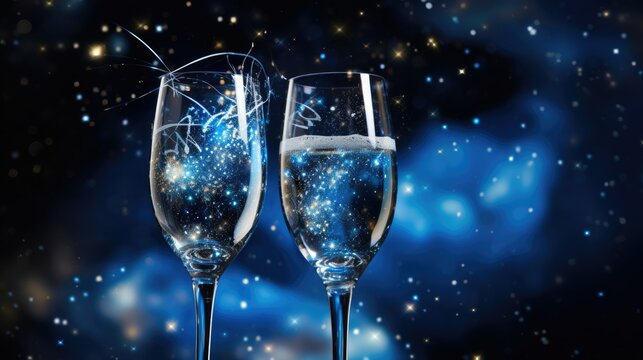  two champagne flutes with sparkling bubbles and stars in the background.  generative ai