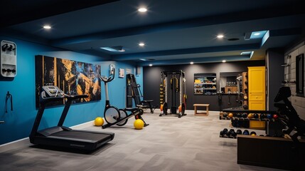 A basement transformed into a home gym, with various exercise equipment and motivational posters on the walls.