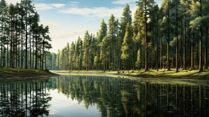  a painting of a lake surrounded by trees and a forest.  generative ai