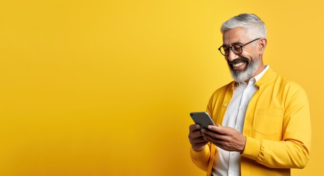 Senior man smiling while using mobile phone with copy space yellow background 
