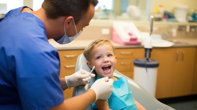 Little boy getting his teeth checked by dentist at dental clinic.