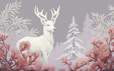 Illustration of a white deer in winter forest