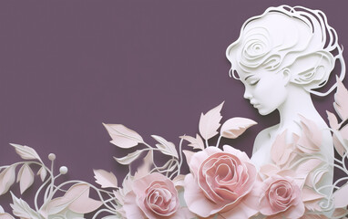 Illustration of woman with roses on purple background