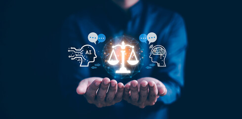 AI ethics or AI Law concept. Developing AI codes of ethics. Compliance, regulation, standard , business policy and responsibility for guarding against unintended bias in machine learning algorithms. - obrazy, fototapety, plakaty