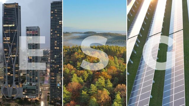 Environmental, social, and corporate governance (ESG) concept, split screen modern smart city, natural unpolluted forest landscape and solar panel aerial footage