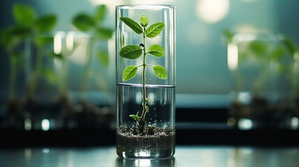 Green plant sprout in tube. Biotechnology concept background. - obrazy, fototapety, plakaty