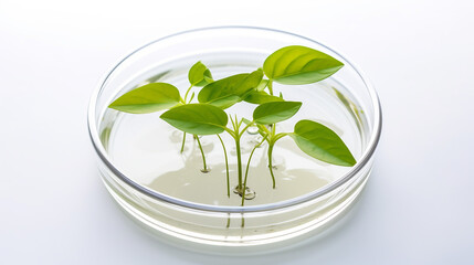 Green plant with soil in Petri dish isolated on white background