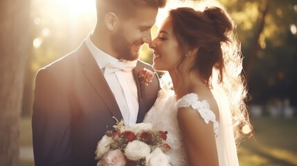 Closeup bride and groom kissing outdoor with sunshine  - obrazy, fototapety, plakaty