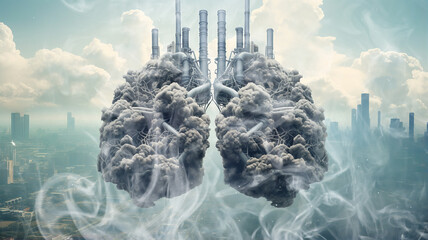 carbon footprint, smoke pollution of the atmosphere, pipes with smoke in the shape of human lungs, air pollution, eco concept fictional design poster - obrazy, fototapety, plakaty