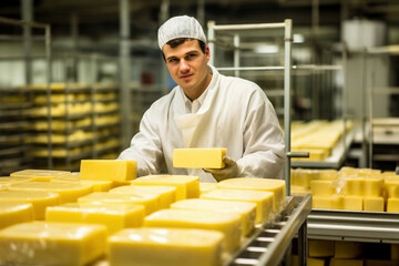 Photo of a man overseeing the production of cheese on a conveyor belt in a factory. Industrial cheese production plant. Modern technologies. Production of different types of cheese at the factory.