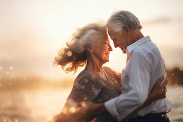 An elderly couple in love, a man and a woman, are dancing on the beach by the sea. They look at each other with a loving gaze. Seniors dating. Relationships in old age. Love and romance.
