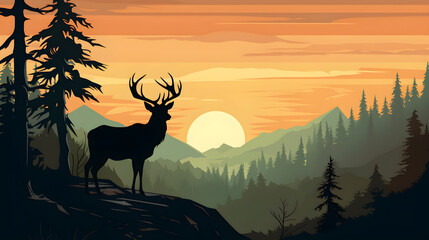 Silhouette of deer on hill in forest background sun in back, Silhouette of animal, trees