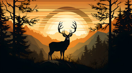 Silhouette of deer on hill in forest background sun and mountains in back, Silhouette of animal, trees