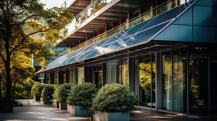 Fototapeta premium eco building in city with vertical vegetation on exterior, sustainable, solar panels , artwork graphic design illustration