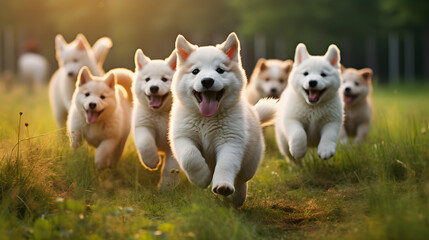 cute fluffy dogs playing in jolly mood in grass field doggy day care playing - obrazy, fototapety, plakaty