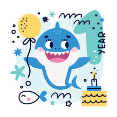 Set of Baby Shark Birthday cute vector marine colorful illustrations with number one, two, three, four, five, fish, wave, algae, star, bubble, rainbow, gift, cake for boy