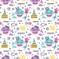 Seamless Vector Pattern with baby shark, fishes, corals, algae, waves, bubbles for Birthday party. Ideal for kids cards, prints, anniversary, invitation