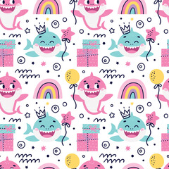 Seamless Vector Pattern with baby shark, fishes, corals, algae, waves, bubbles for Birthday party. Ideal for kids cards, prints, anniversary, invitation