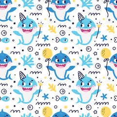 Seamless Vector Pattern with baby shark, fishes, corals, algae, waves, bubbles for Birthday party. Ideal for kids cards, prints, anniversary, invitation