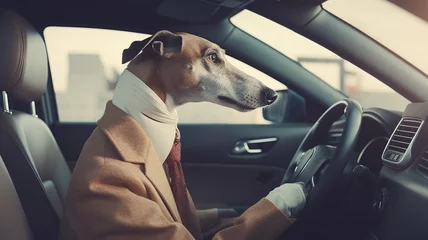 Deurstickers a dog in clothes is driving a car humor joke © kichigin19