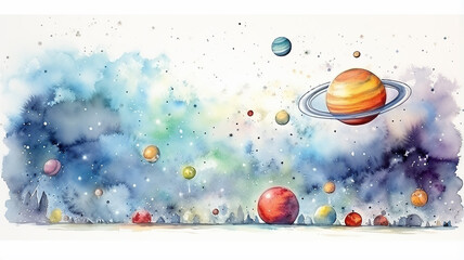 Naklejka premium planets in space on a white background, watercolor drawing for children primitive minimalistic poster illustration