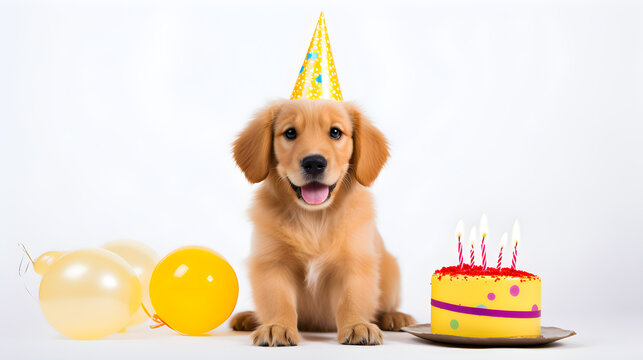 cute dog wishing happy birthday to new born baby with cake and balloons on white background with free text space