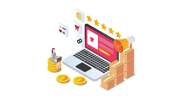 Female reseller sitting on stack of coins