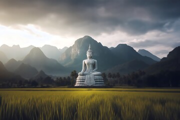 The Buddha statue sits in a rice field surrounded by beautiful mountains.
