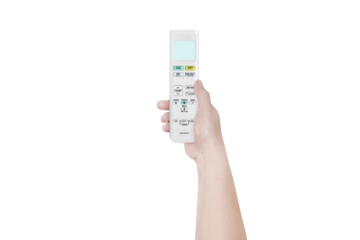 Air conditioner remote in young woman's hand PNG transparent
