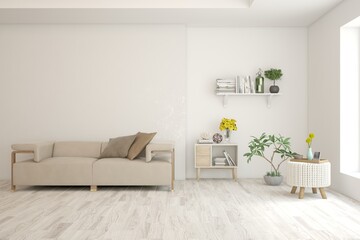 White modern interior design with sofa. Scandinavian interior design. 3D illustration