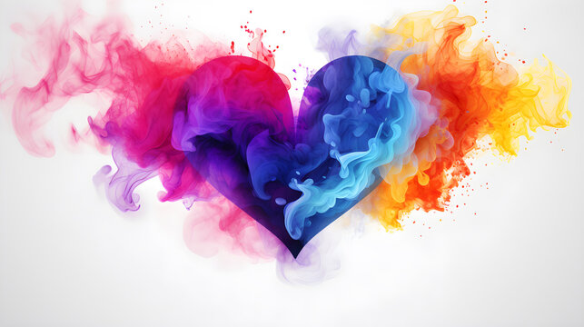 colorful smoke in shape of heart on white background