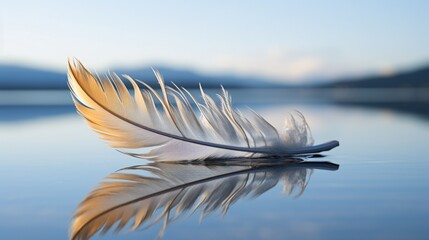 A feather captured on a crystal-clear lake, its reflection perfect and undistorted.