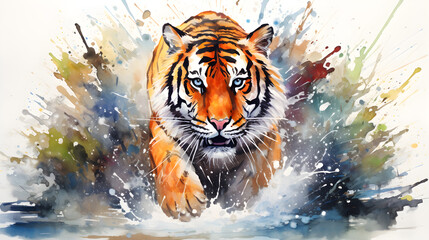 Fototapeta na wymiar tiger walking front view watercolor