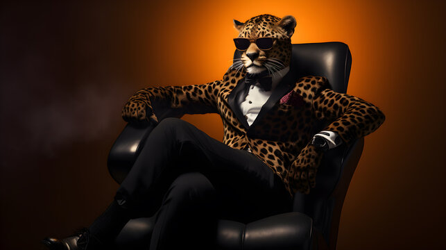 leopard wearing suit and tie sitting on black chair on yellow background