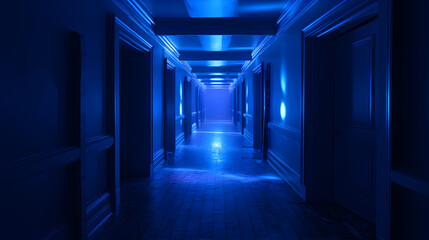 blue light horror hallway background, Blue corridor with multiple doors