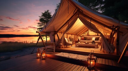 Luxurious outdoor tent with cozy lighting for summertime glamping experience