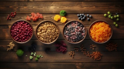 Natural dog food ingredients in four bowls on a vintage wooden surface - Powered by Adobe