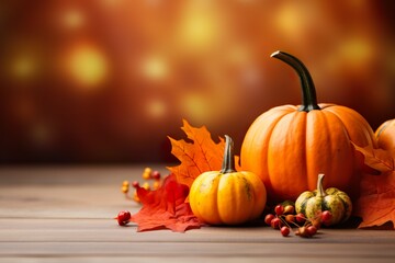 Autumn composition with pumpkins and autumns leaves against bokeh lights