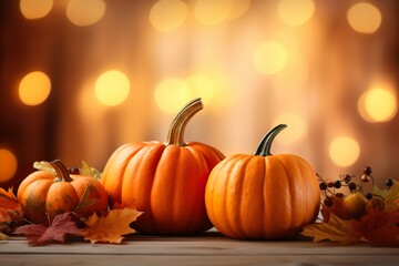 Autumn composition with pumpkins and autumns leaves against bokeh lights