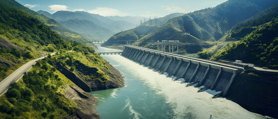Hydroelectric power station , Hydroelectric power dam on a river in mountains, aerial view ,Dams, rivers, and water turbines used for hydroelectric power generation.