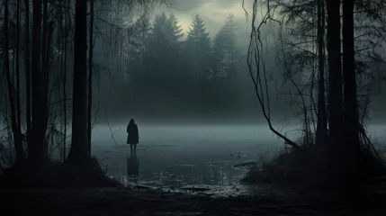 Gardinen Lonely silhouette of woman amidst foggy trees by misty lake in the forest © vxnaghiyev