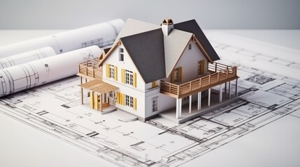 House construction on architecture blueprint - obrazy, fototapety, plakaty