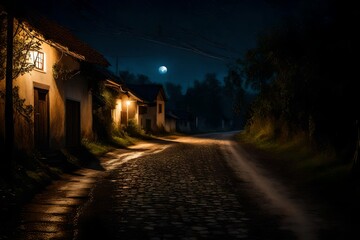 Fototapeta na wymiar Full moon over quite village at night. Beautiful night landscape 