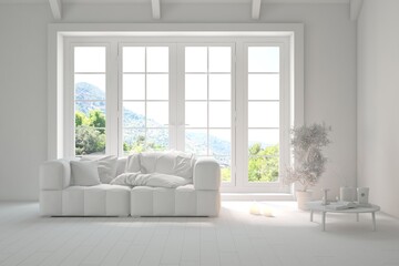 Fototapeta na wymiar Grey living room concept with sofa and summer landscape in window. Scandinavian interior design. 3D illustration