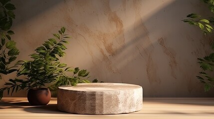 Luxury granite podium for displaying beauty and spa cosmetics against a brown wall with plant shadow Neutral and natural aesthetic interior for product placement