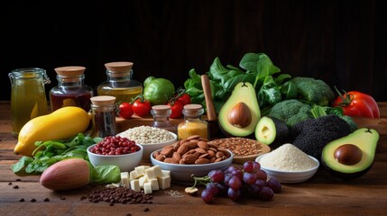 Mediterranean diet with healthy ingredients for cooking on wooden table - obrazy, fototapety, plakaty