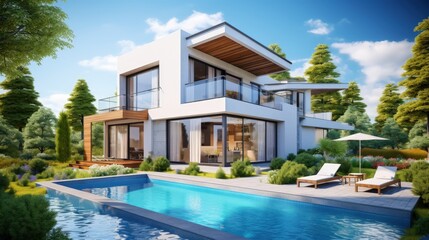 Luxurious modern house with pool and parking for sale or rent surrounded by beautiful landscaping and under a clear blue sky on a sunny summer day