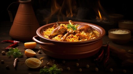 Indian non vegetarian food made in a traditional clay pot called Haandi - obrazy, fototapety, plakaty