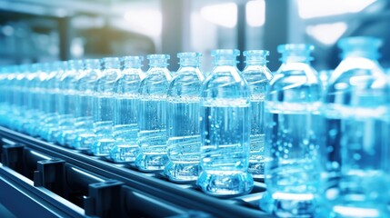 PET bottles on conveyor belt filled in drinking water factory using automatic filling machine